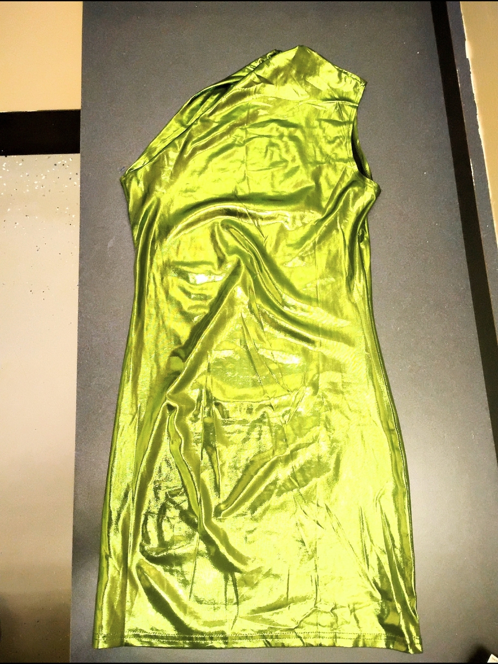 New Shimmering Metallic Green One Shoulder Mini Dress, Size: M